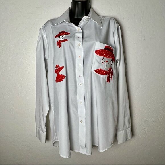 The Red Hat Society Embroidered White Button Down Applique Shirt Long Sleeve M - Picture 1 of 12